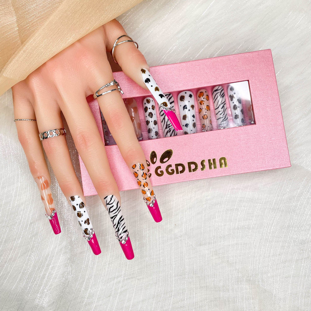 10pcs Handmade Press On Nails Glitte rGold Diamond Extra Long Stiletto Reusable Gel UV FinishedFalse Nails