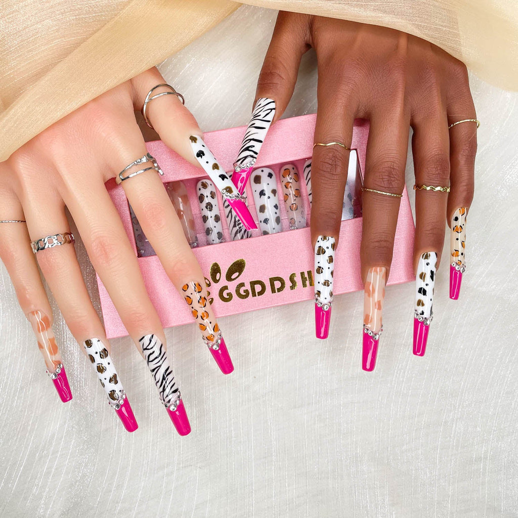 10pcs Handmade Press On Nails Glitte rGold Diamond Extra Long Stiletto Reusable Gel UV FinishedFalse Nails